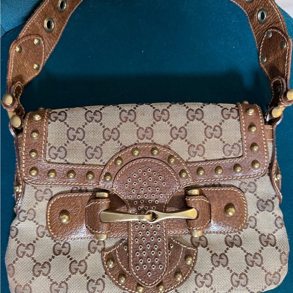 Gucci GG monogram studded horse bit web shoulder bag